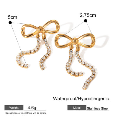 Rhinestone chain earrings with bow