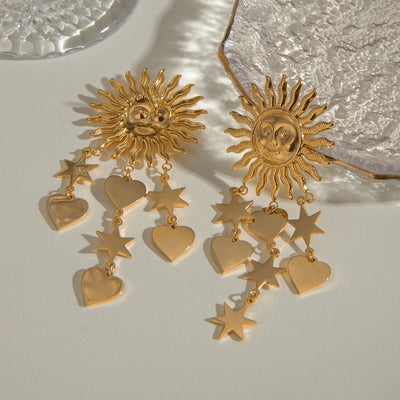 Sun smiling face with love five-pointed star earring