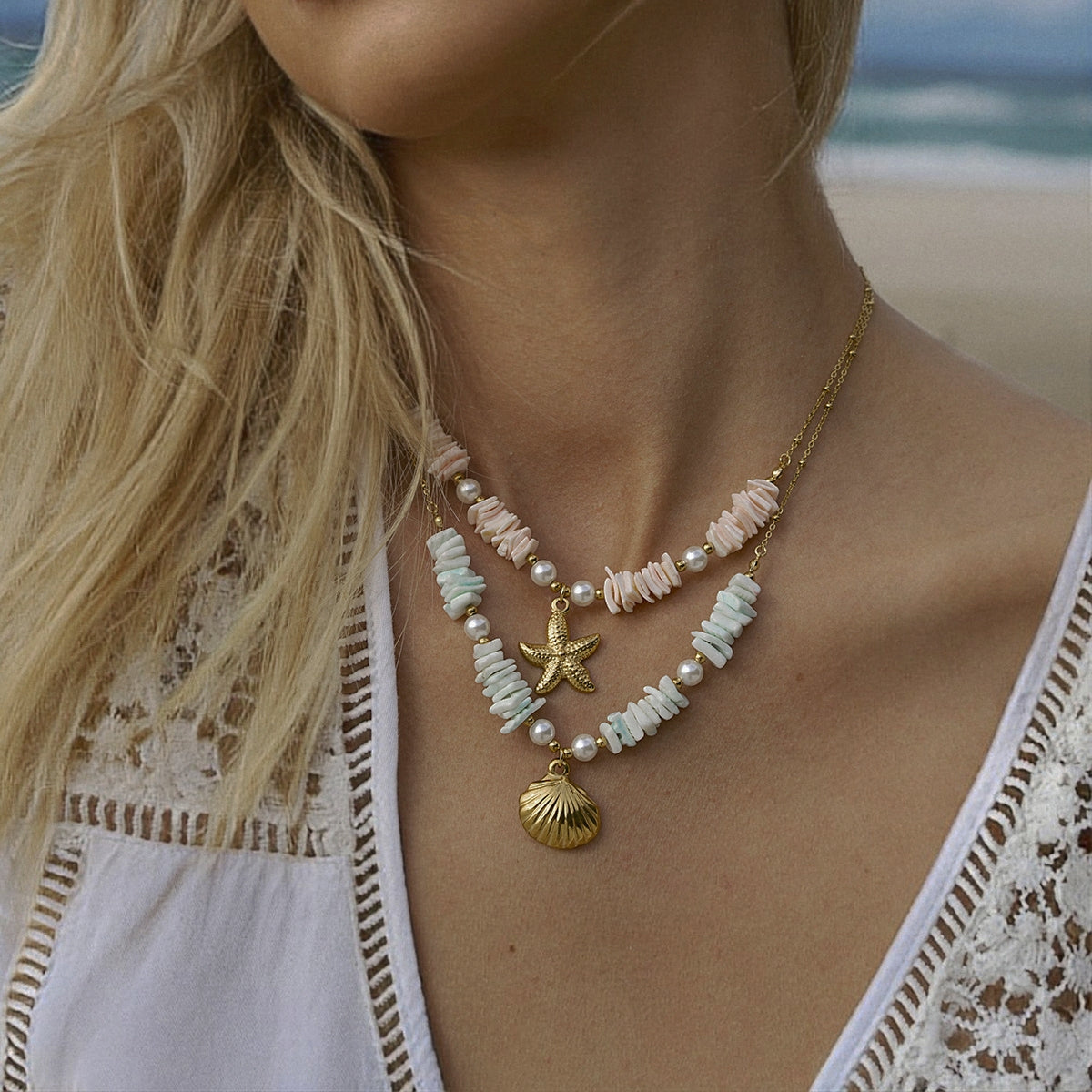 Shell piece pearl shell pendant necklace